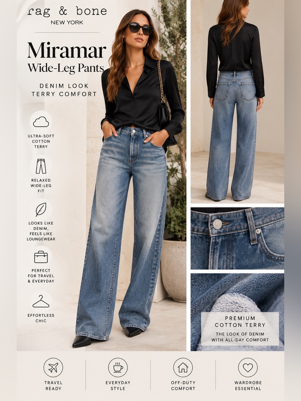 Rag & Bone Miramar Wide-Leg Cotton Terry Pants Size Large NWOT